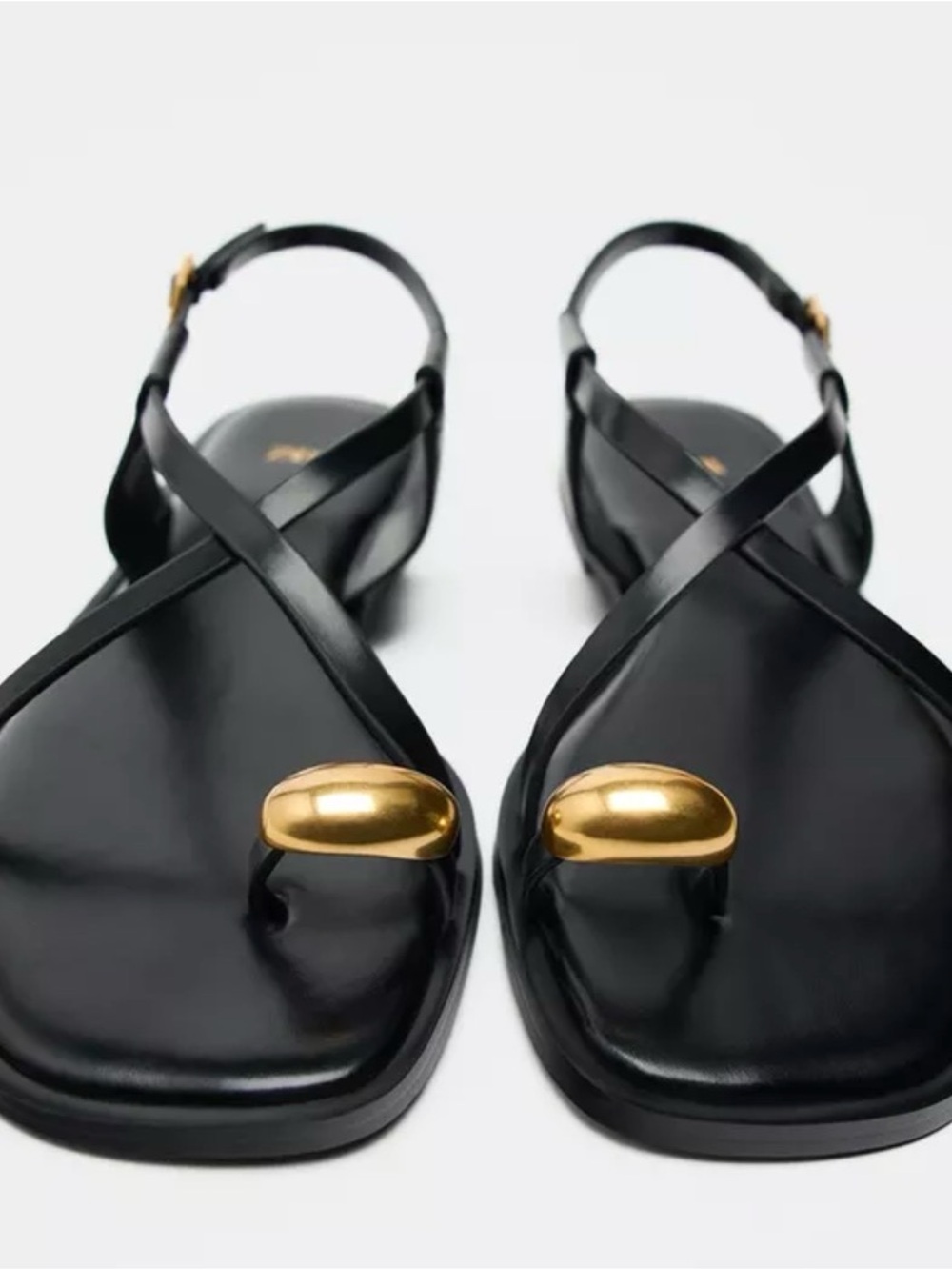 ZARA Black Leather Toe-Ring Sandals with Gold Accent